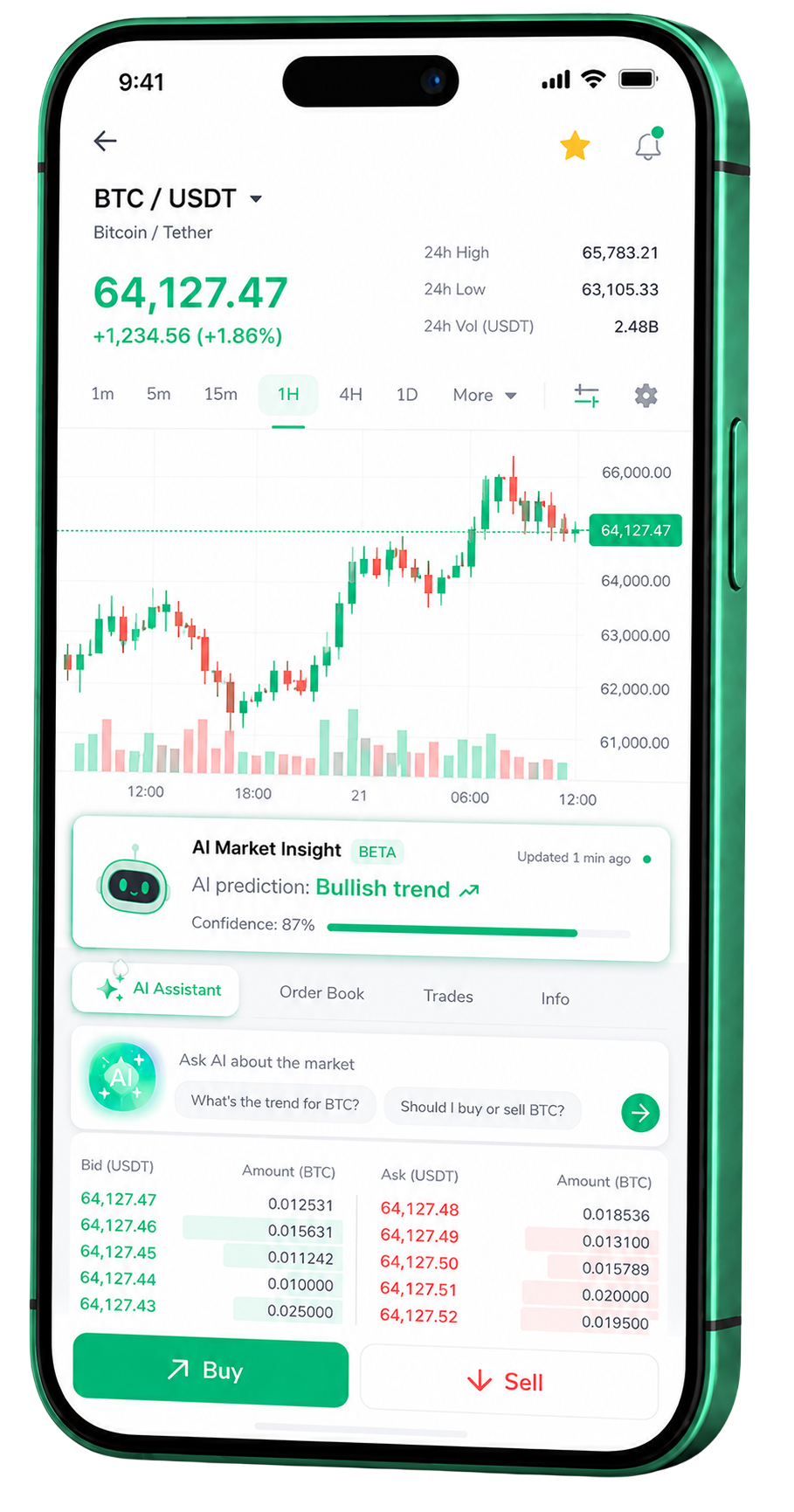 Aplicación móvil de trading de Kynvora Finansor ejecutándose en un smartphone
